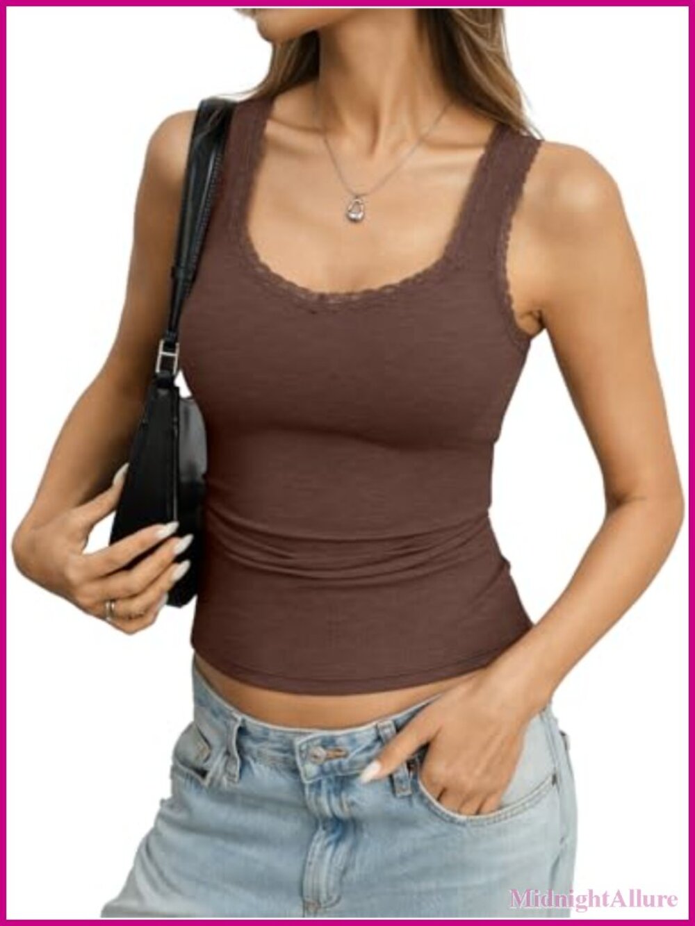 Womens Ribbed Knit Tank Top V Neck Lace Trim Sleeveless Cotton Blend Fitted Cami